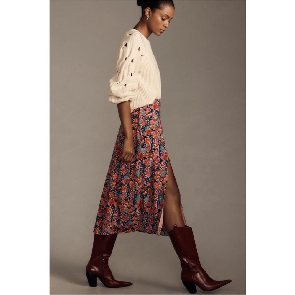 Maeve Anthropologie Lille Side Slit Midi Skirt Navy Pink Aqua Floral Size 12